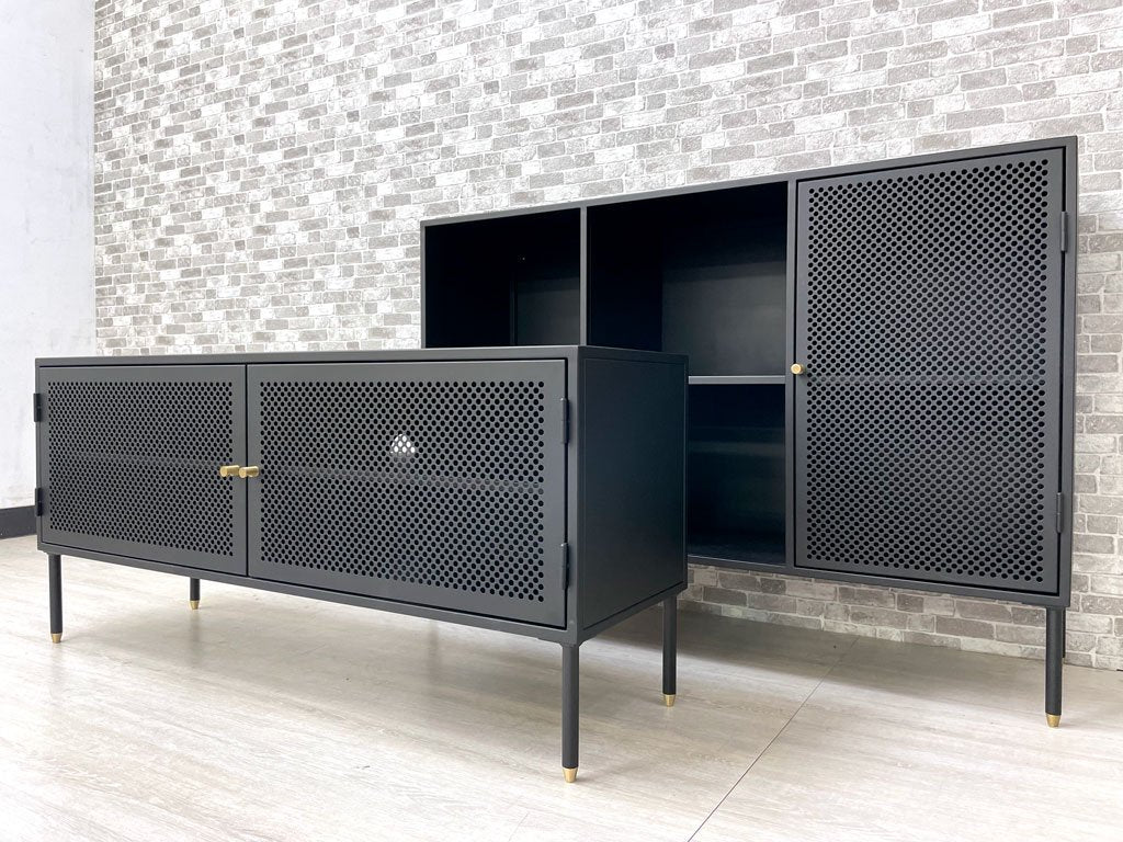 フランフラン Francfranc モダンワークス MODERN WORKS アルバ ワイドキャビネット シェルフ サイドボード スチール製 パンチングメタル ブラック 工業系 W120cm ●