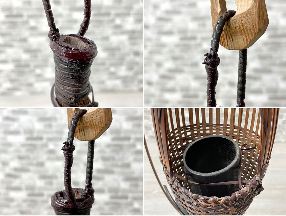 武関翠月作 花籠 自在鉤 セット 竹細工 花器 華道具 竹工芸作家 ●