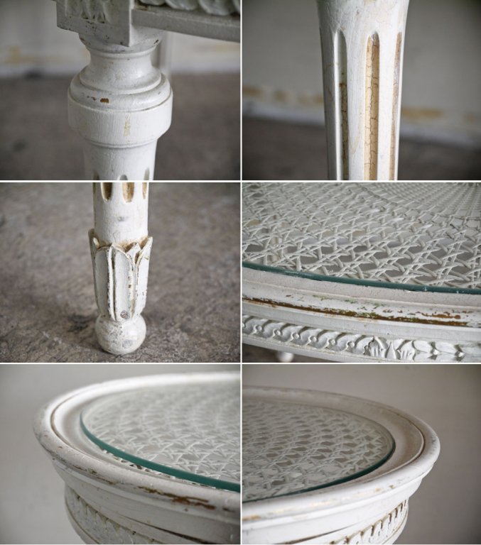 UKビンテージ UK Vintage ガラストップ センターテーブル 籐編み ホワイトペイント シャビーシック 英国アンティーク ■