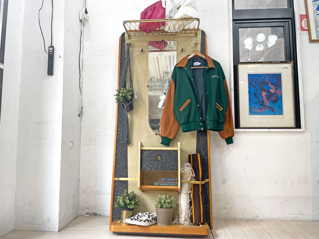 USビンテージ ホールスタンド ミラー付き コートハンガー 傘立てアンブレラスタンド ラック 上棚 小型収納付 ミッドセンチュリー 店舗什器 希少 ★