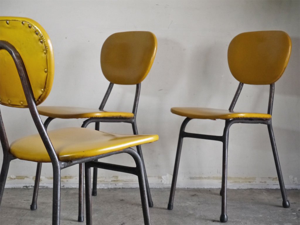 ジャパンビンテージ Japan Vintage ダイニングチェア スチールフレーム PVCレザー イエロー C ■