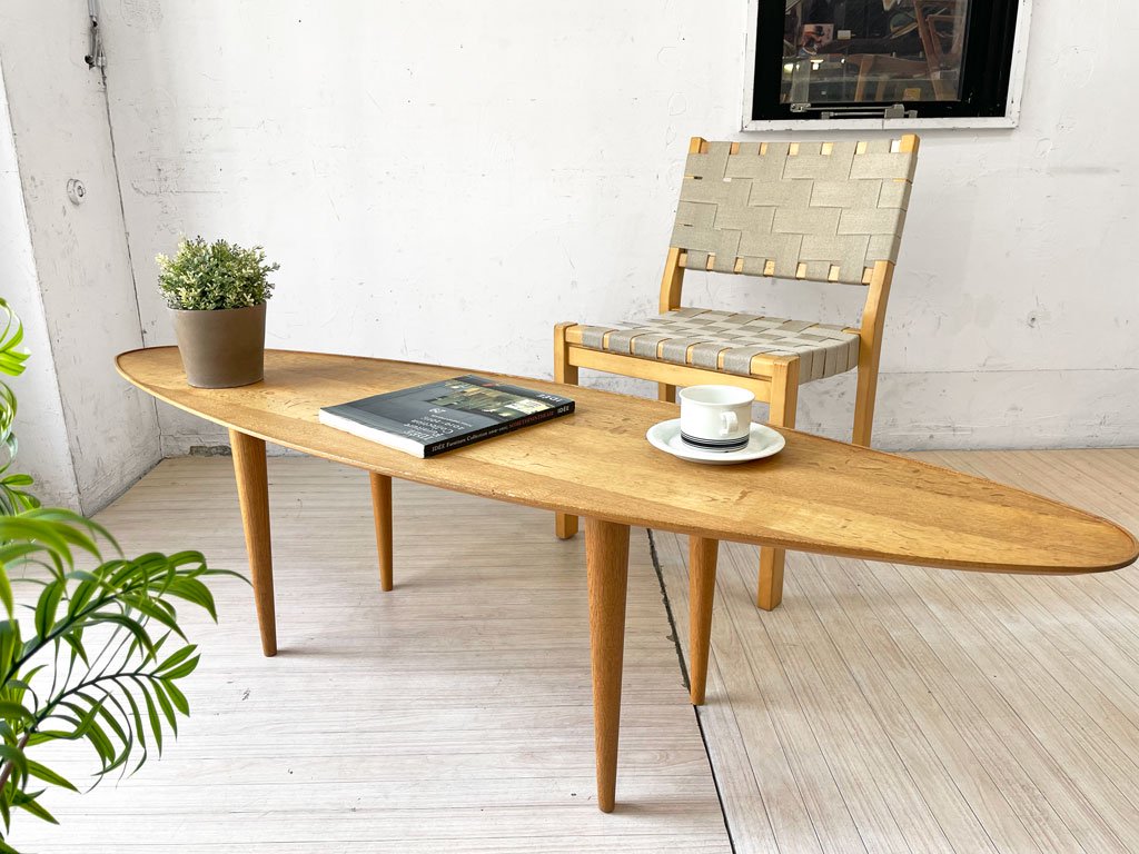 サーフボードテーブル Surfboard tabl サーフボードシェイプ リビングテーブル コーヒーテーブル ローテーブル 幅160cm オーバル オーク無垢材 ★