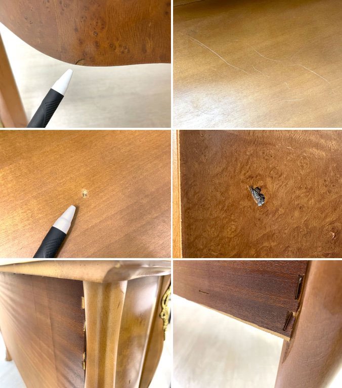 イタリア製 3段チェスト ワイドチェスト 彫金把手 大理石天板 真鍮装飾 猫脚 アンティークスタイル ●