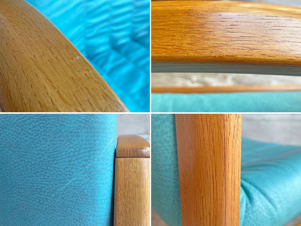 フクラ HUKLA ライン RHEIN アームチェア ダイニングチェア レザー ターコイズブルー オーク材 ナチュラルスタイル A ♪