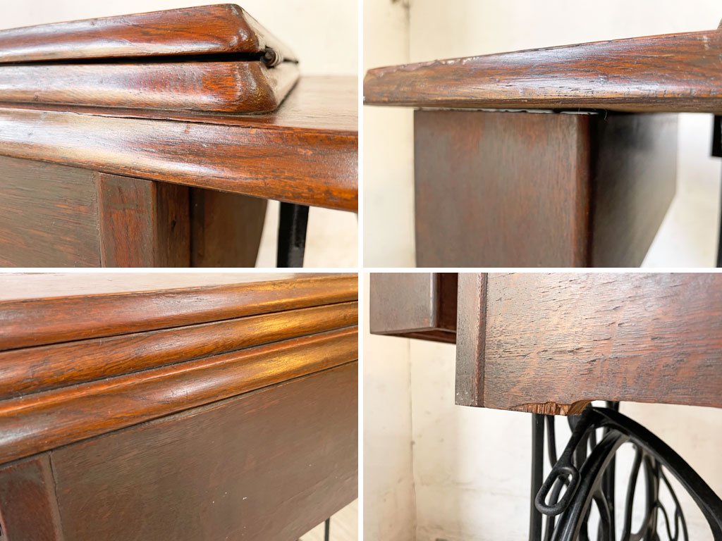 シンガー SINGER ビンテージ ミシンテーブル デスク 鉄脚 車輪付 抽斗2杯 脚踏み 工業系 インダストリアル ★