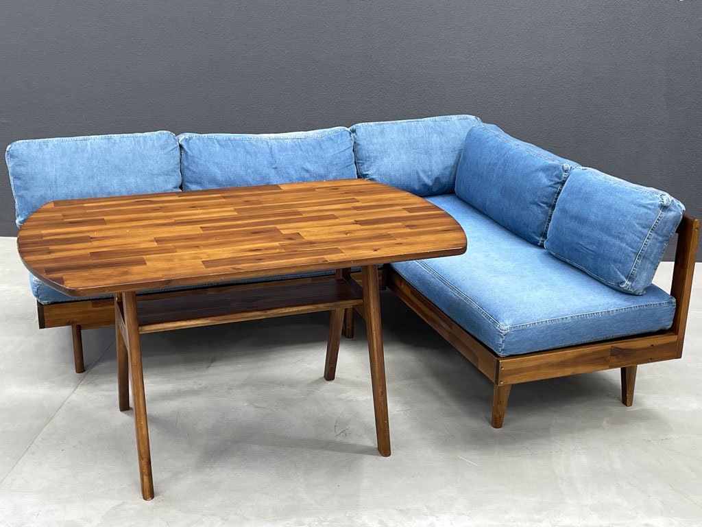 ウニコ unico スウェラ swella ベンチアームソファ デニム生地カバーリング × アカシア無垢材 片アーム リビングダイニング カバーリング 定価¥74,800 〓