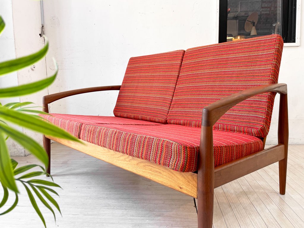 宮崎椅子製作所 ペーパーナイフソファ 2P 2人掛け チーク材 レッドボーダーファブリック カイ・クリスチャンセン 廃番 希少★