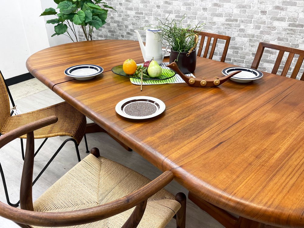 ビンテージ Vintage チーク無垢材 エクステンション ダイニングテーブル オーバル 伸長式 北欧スタイル W158・208cm 追加天板収納可能 ●