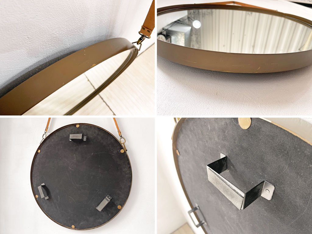 ウエストエルム West Elm ウォールミラー 壁掛け鏡 レザーベルト φ60cm ブルックリン モダン ウォールインテリア ★