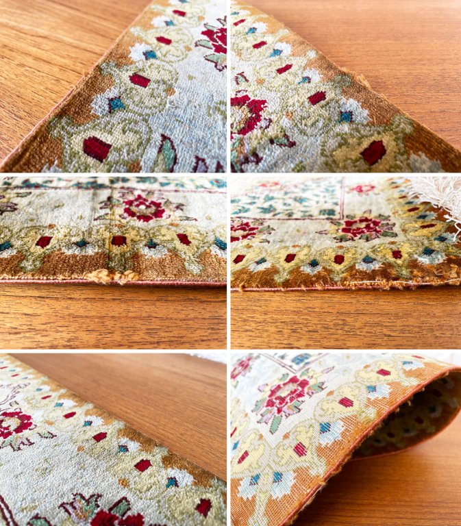 ペルシャ絨毯 Persian Rug クム産 90×60cm キッチンマット 玄関マット ラグ シルク100% 手織り イラン ◎