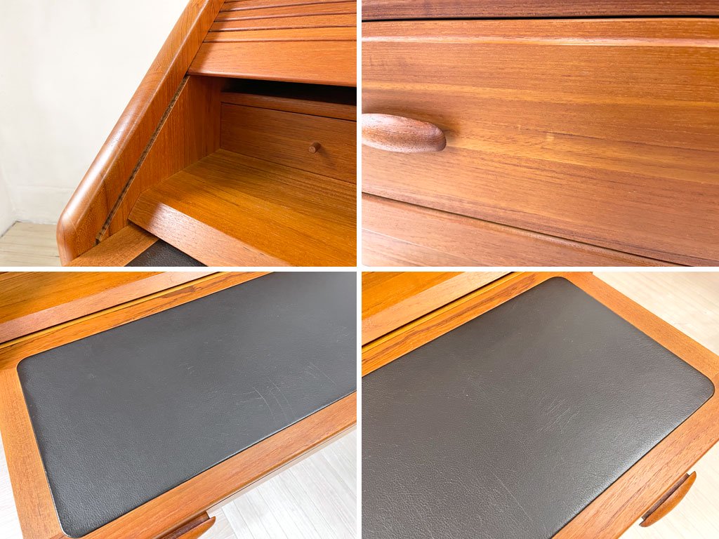 デューロン dyrlund チーク無垢材 ライティングビューロー デスク ドレッサー 蛇腹 ロールトップ レザー天板 ミラー 鍵付き デンマークビンテージ 北欧家具 ★