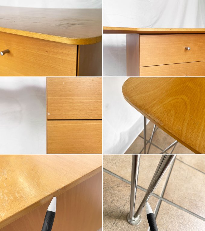 スウェーデンビンテージ Sweden Vintage ワークデスク 片袖 ビーチ材 アシンメトリートップ クロームレッグ モダンデザイン ◇
