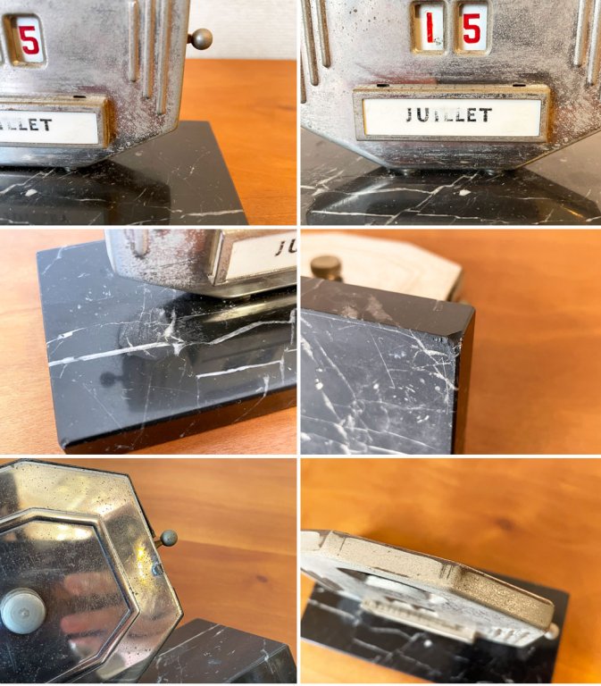 MISTRAL社 パーペチュアルカレンダー 卓上万年カレンダー W13.2cm クロームメッキ × 大理石調ベース アールデコ フランスビンテージ ◎