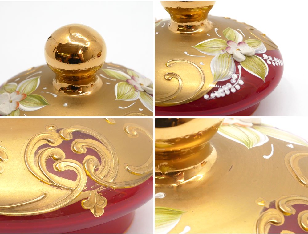 ベネチアングラス Venetian glass キャンディボックス キャニスター レッド 金彩 イタリア ムラーノガラス ガラス工芸品 ●