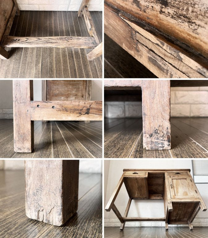 オールドメゾン old maison アジアンチーク無垢材 片袖デスク W106cm 抽斗2杯 扉収納 ビンテージ ◎