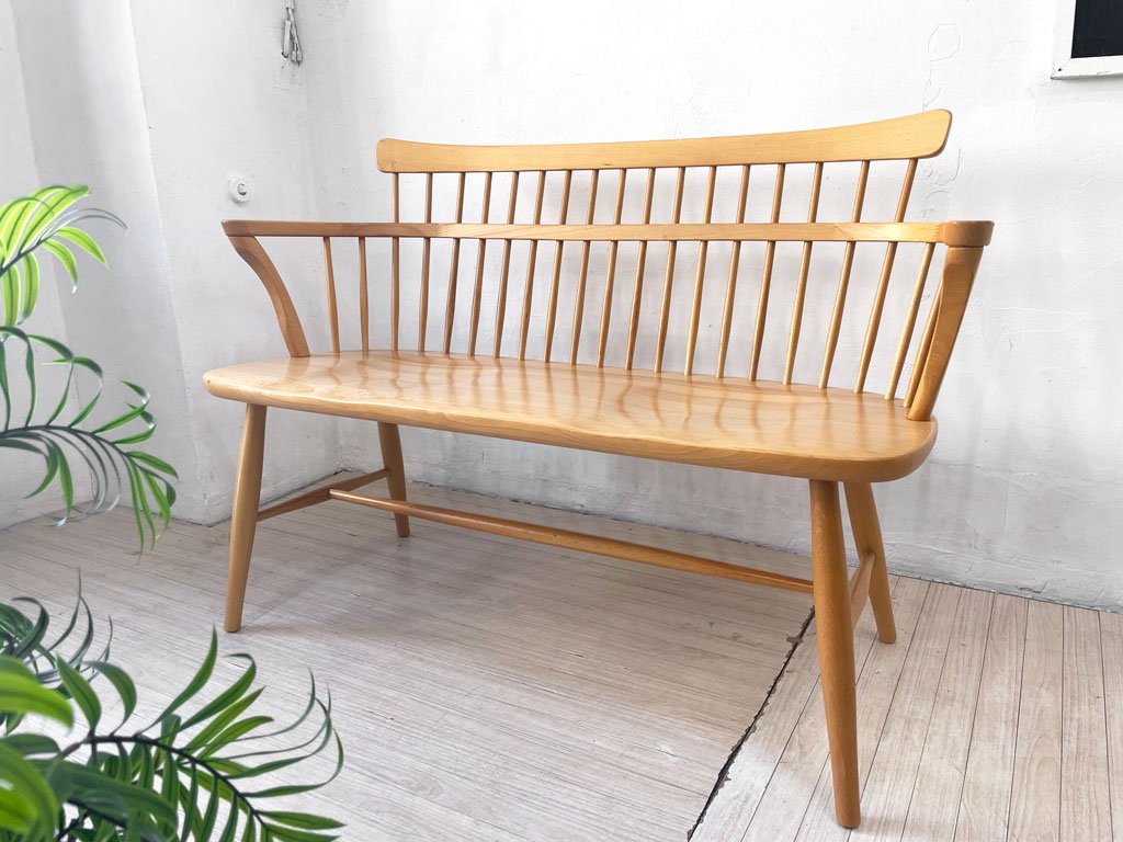 飛騨産業 HIDA キツツキ ウィンザー ダイニングベンチ アームベンチ ベンチチェア ブナ無垢材 廃番希少 ★