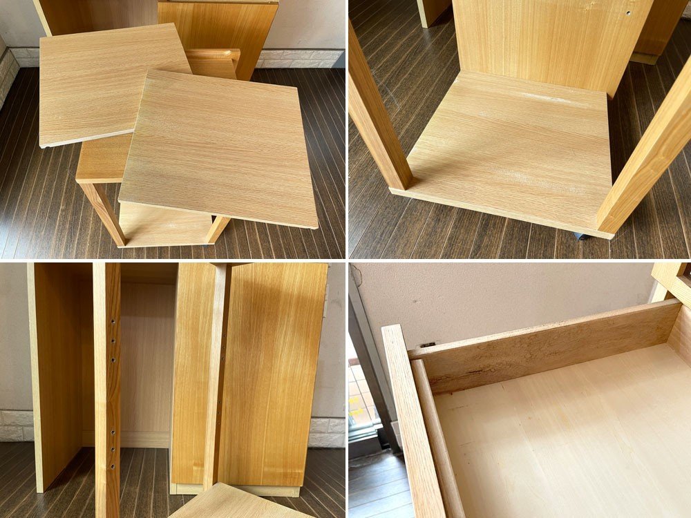 無印良品 MUJI タモ材 カップボード ワゴンタイプ収納付 ガラス扉 2ドロワー H175.5cm キッチンボード 食器棚 廃番 ダボ欠品 ◎