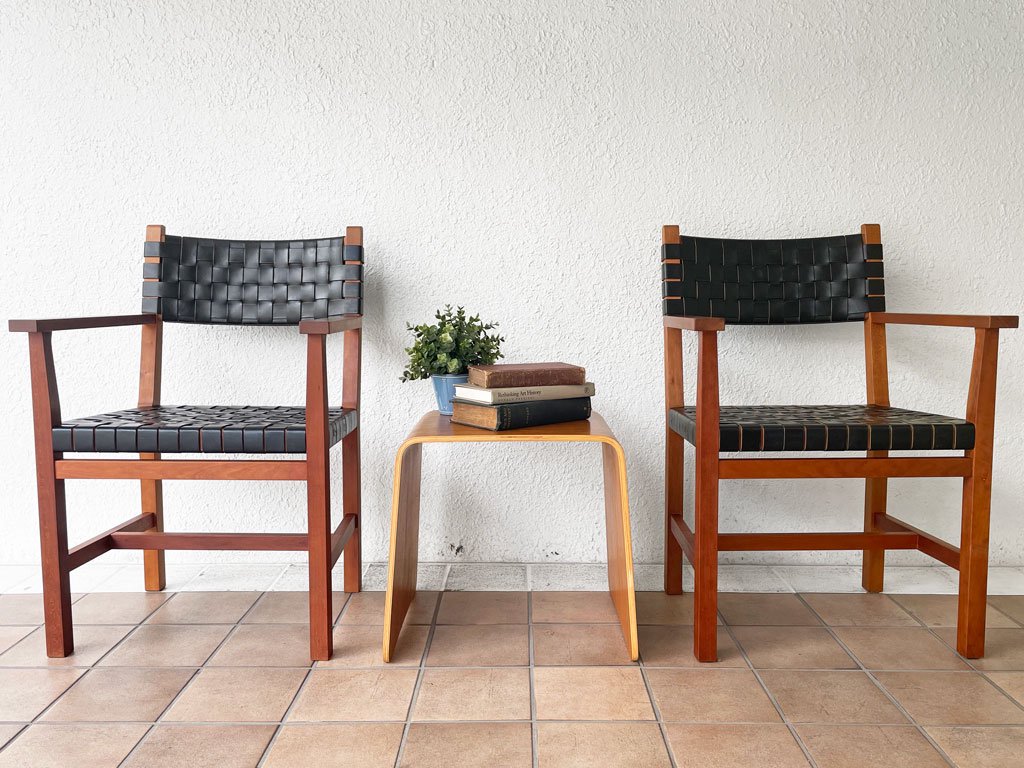 北の住まい設計社 ラスティック チェア RUSTIC CHAIR アームチェア イタヤカエデ×ナラ×本革 レザー 編み込み ダークブラウン×ブラック 定価 \101,200- B ◇
