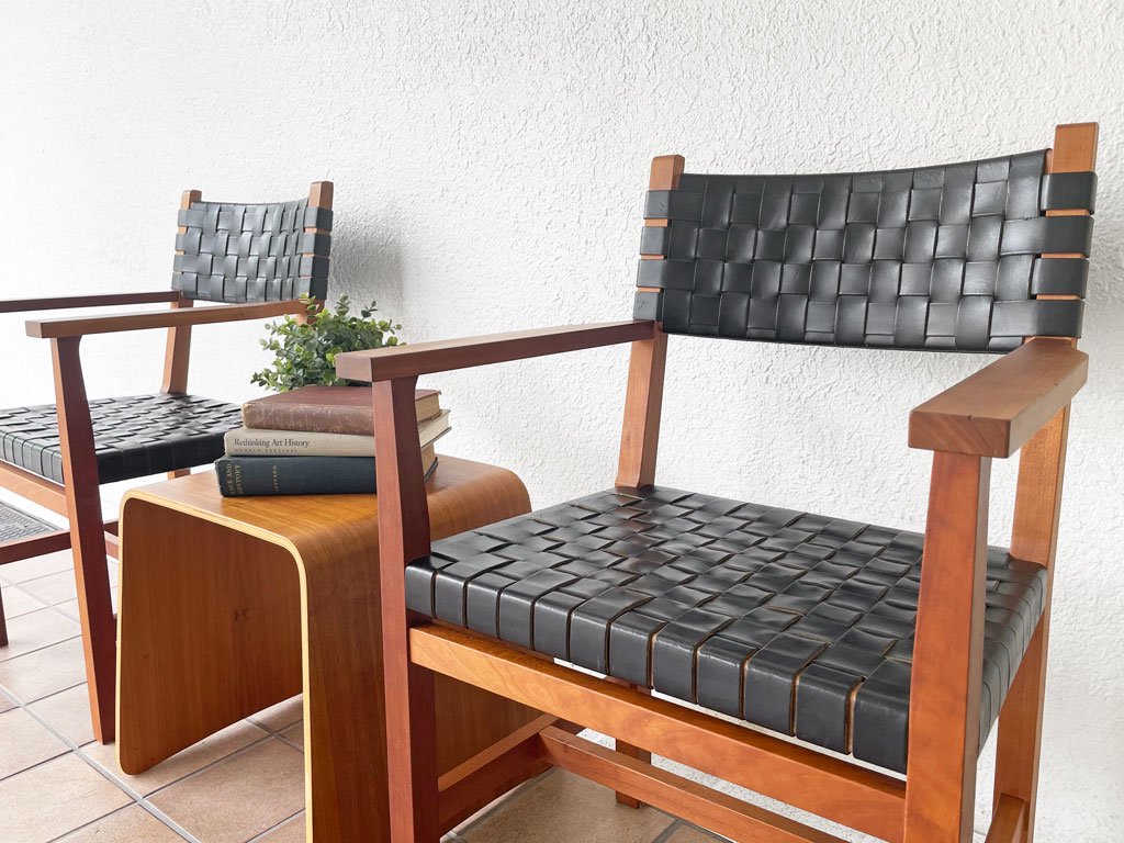 北の住まい設計社 ラスティック チェア RUSTIC CHAIR アームチェア イタヤカエデ×ナラ×本革 レザー 編み込み ダークブラウン×ブラック 定価 \101,200- A ◇