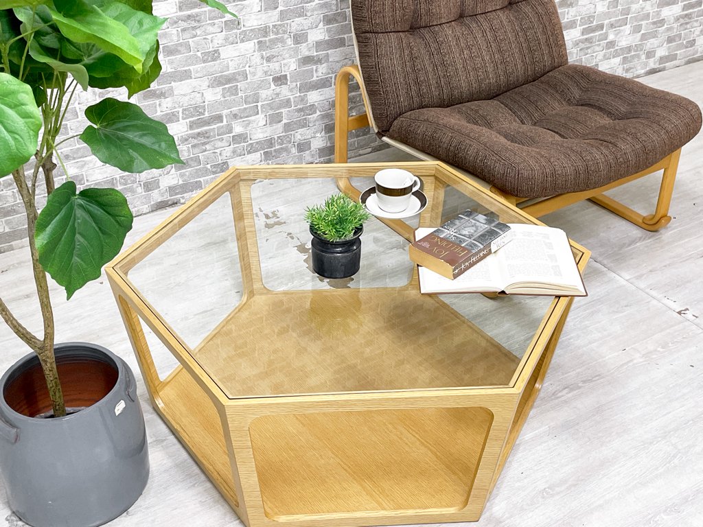 チェリー CHERRY 桜屋工業 ホームデイ HOMEDAY LT-69-N リビングテーブル ローテーブル ガラス天板 レッドオーク材 ナチュラル 六角形 定価¥45,760- ●
