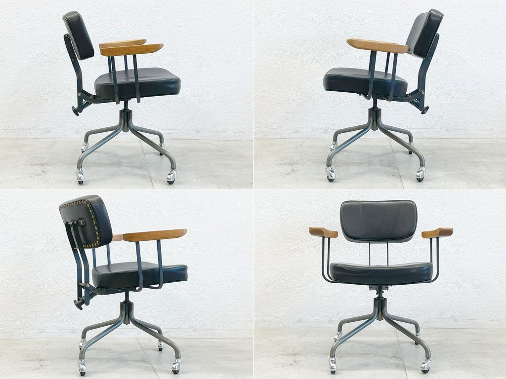 トラックファニチャー TRUCK FURNITURE デスクワークチェア DESKWORK CHAIR L-4ブラック 本革 レザー アイアンフレーム 昇降機能&キャスター付 〓