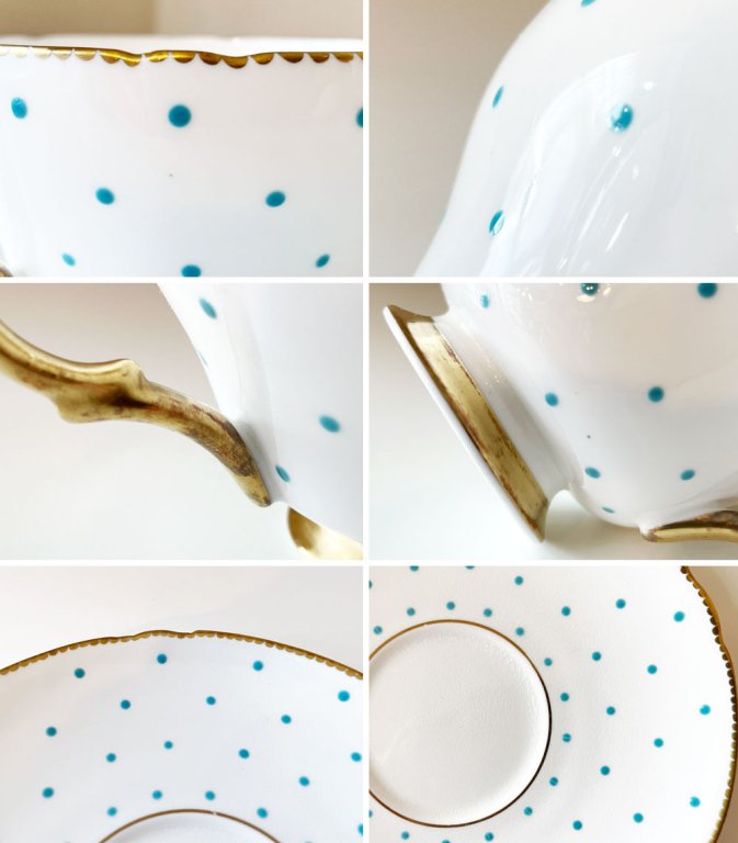 シェリー Shelley ポルカドット Polka Dot カップ&ソーサー&プレート トリオセット ターコイズ UKビンテージ 英国食器 C ◎