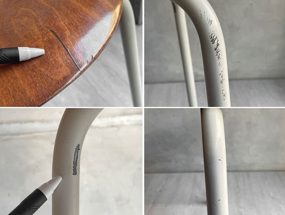 ビンテージ Vintage ウッドシート × スチールレッグ スツール スタッキング プライウッド アイボリー インダストリアル A ♪