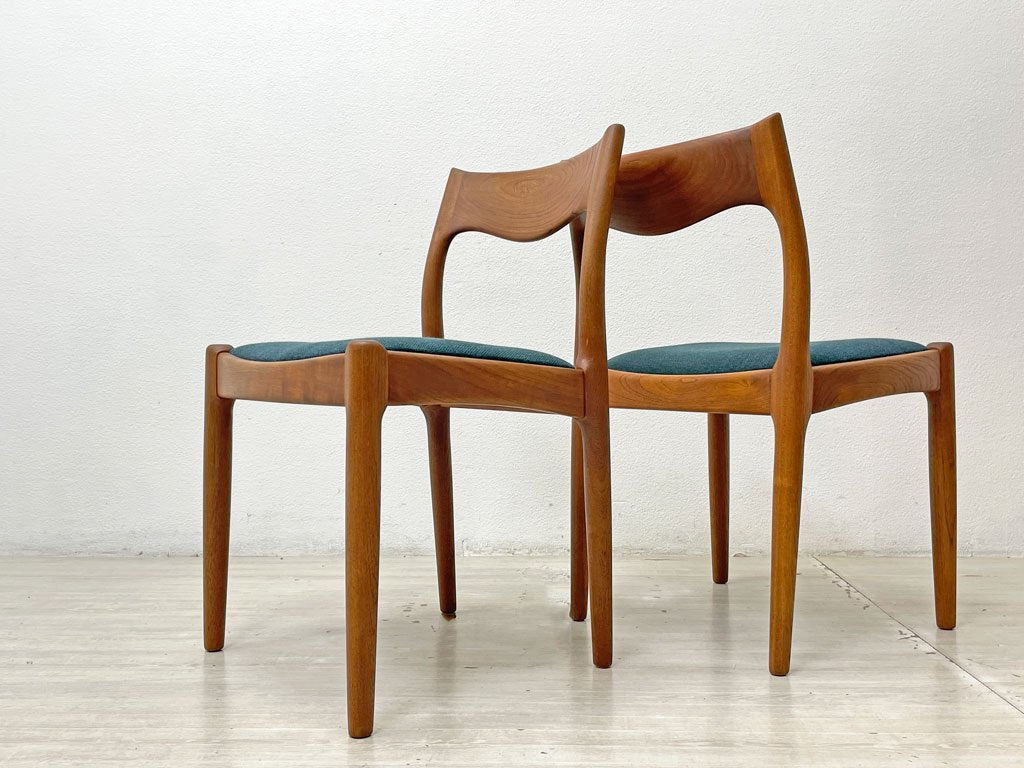 JK Mobler チーク無垢材 ダイニングチェア Juul Kristensen 60’s 北欧 ビンテージ ブルーグリーン色MIXファブリック 新品NC生地張替済 A ●