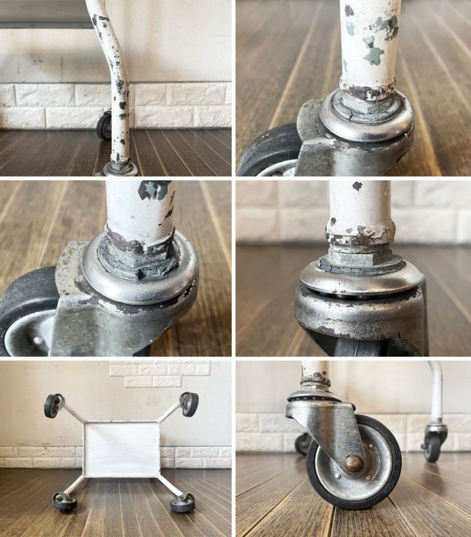 ビンテージ Vintage ホワイトペイント カートワゴン スチールフレーム 2段 W49cm キャスター付 シャビーシック ◎