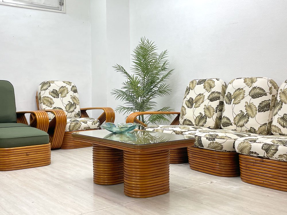 ポール・フランクル Paul Frankl スタイル プレッツェル アームソファ 1P オットマンセット ラタン グリーン ファブリック トーチク工業 TOCHIKU 50~60年代 ビンテージ ●