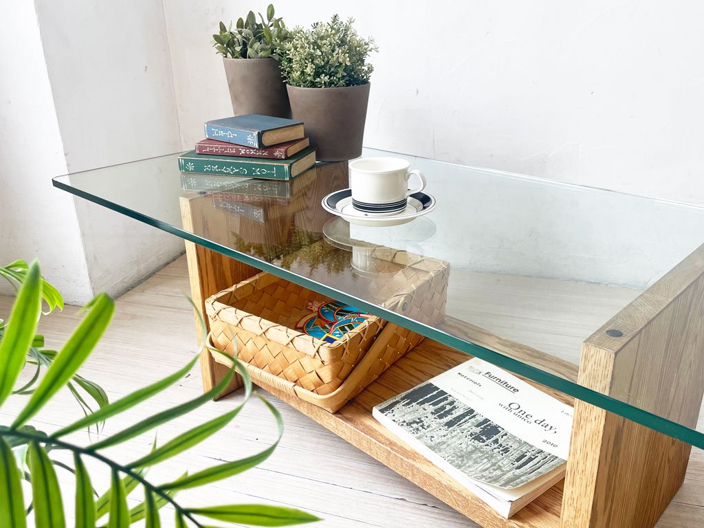 モモナチュラル Momo Natural オーク無垢材×ガラストップ GLASS LOW TABLE RT ローテーブル センターテーブル 定価¥63,000- ★