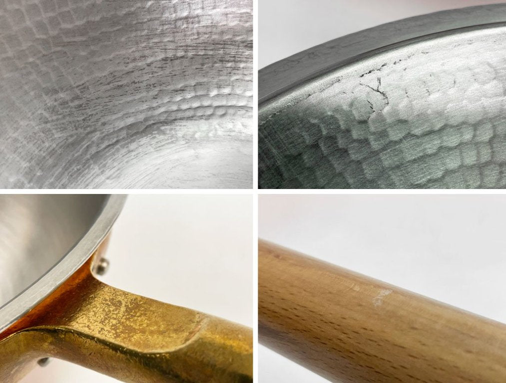 片手銅鍋 蓋付き 槌目 ビーチ材 ハンドル 25cm 深さ10cm 美品 A ●