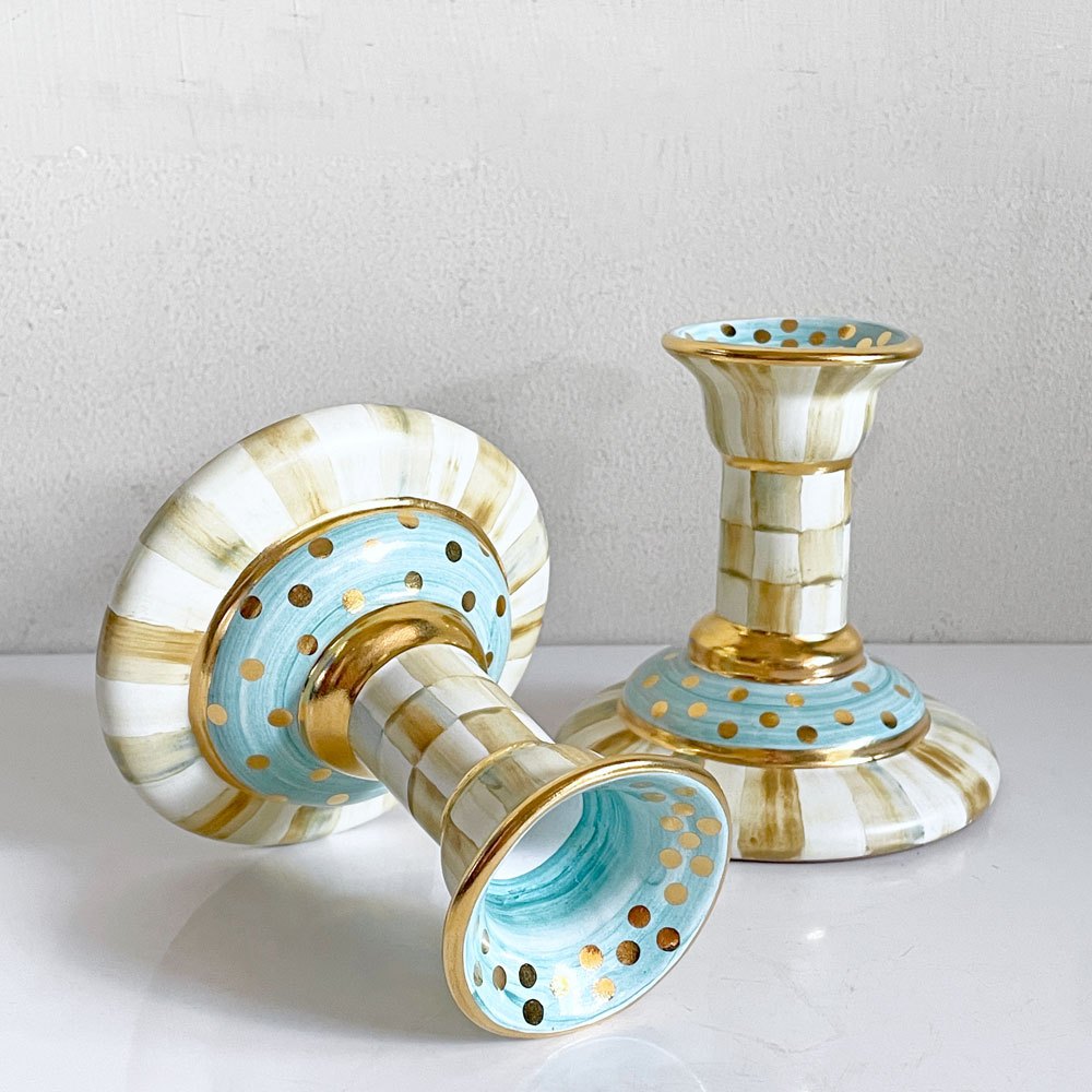 マッケンジーチャイルド Mackenzie-Child コートリーチェック柄 キャンドルホルダー Candlestick 金彩 陶器 アメリカ B ■