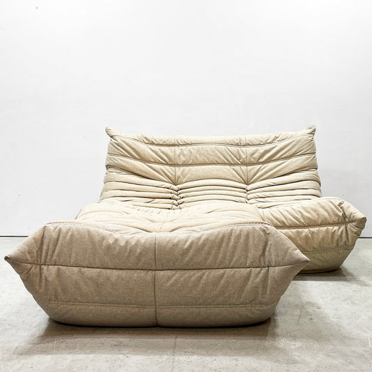 リーンロゼ ligne roset トーゴ TOGO 2シーター ソファ & パフ 2点セット 50周年記念モデル DENDEN カタツムリ ファブリック ベージュ系カラー ●