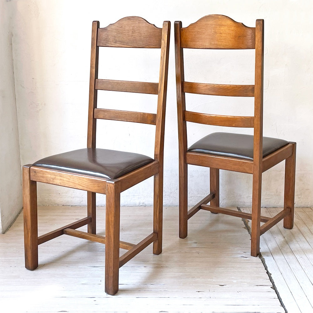 ビンテージ Vintage オーク無垢材 OAK ハイバック ダイニングチェア ブラウンカラー PVCレザーシート 張替済 ② ★