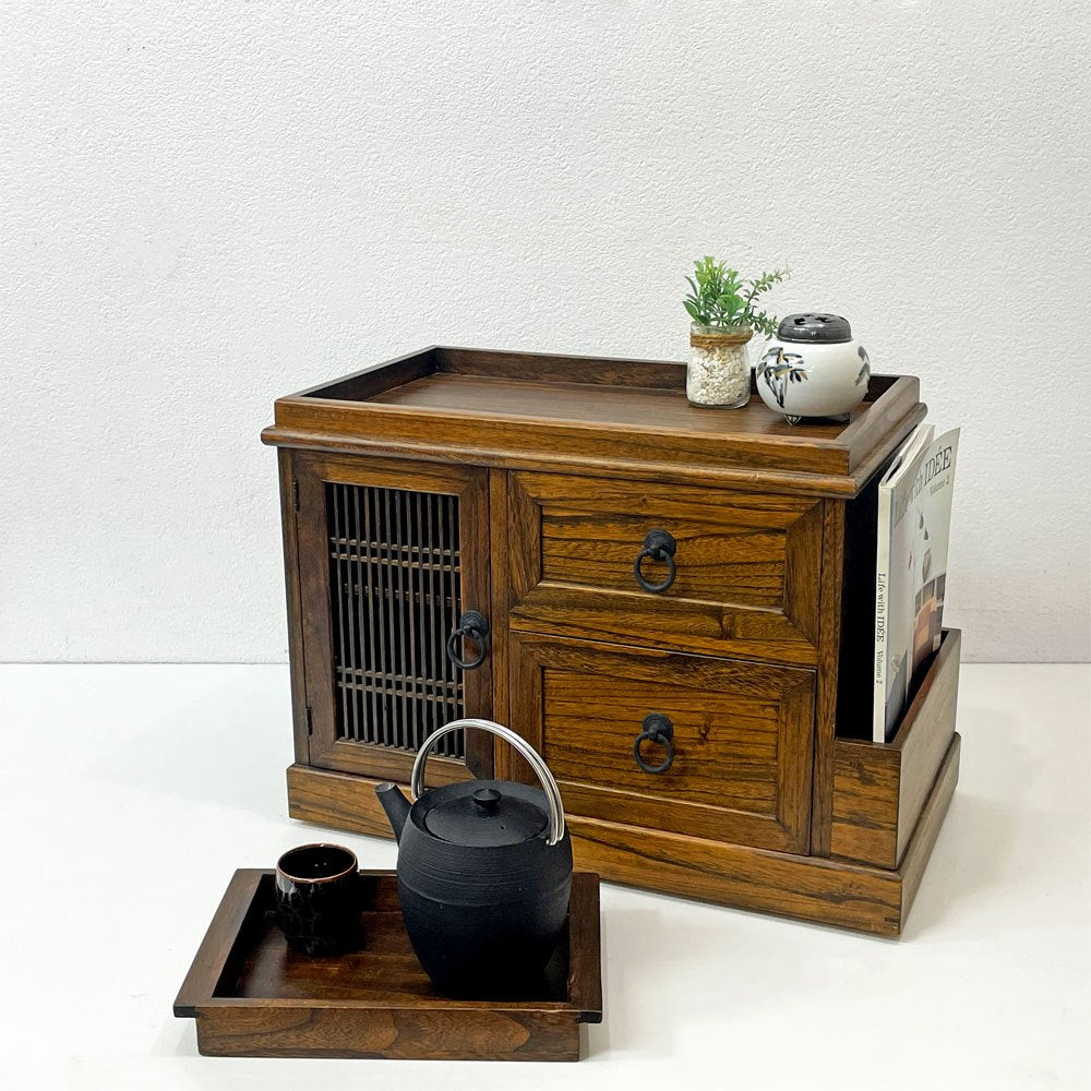 木製 小茶箪笥 小引き出し収納 桐材 鉄把手 キャスター トレイ付き ワゴン 日本家具 レトロ ●