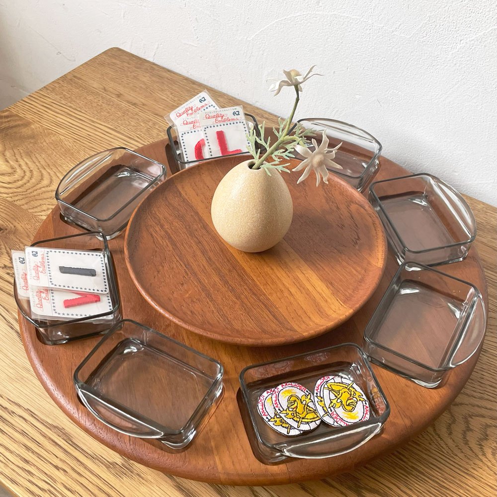 ディグスメド DIGSMED レイジースーザン Lazy Susan チーク材 回転トレイ ガラスディッシュ8個付 Φ40cm デンマーク 北欧ビンテージ ★