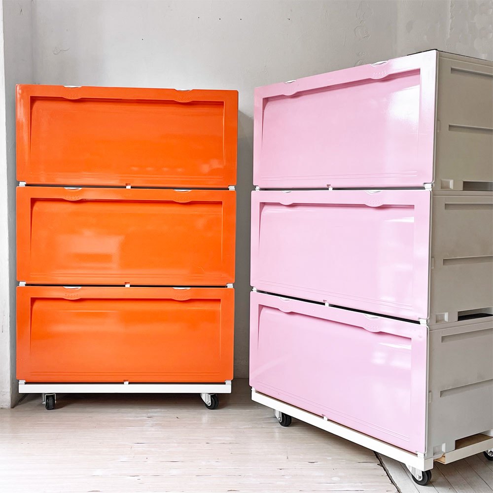タッパーウェア Tupperware スーパーチェスト ワイド Super chest Wide 引出1段 オレンジ 3段セット 専用カート付 ★