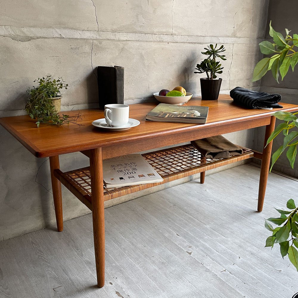 北欧ビンテージ Scandinavian vintage チーク材 × オーク材 センターテーブル コーヒーテーブル ローテーブル ラタンマガジンラック付き 北欧家具 ♪