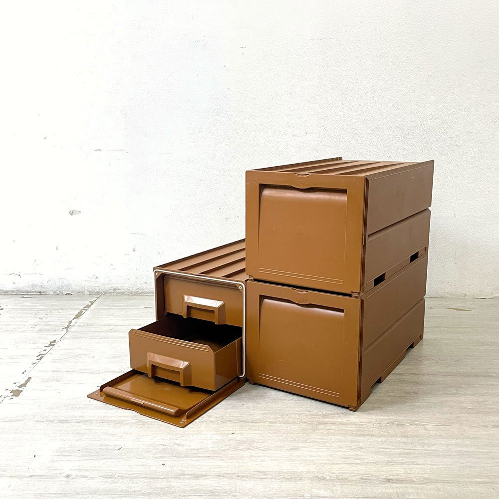 タッパーウェア Tupperware スーパーチェスト ディープ Super Chest Deep フラップ扉 抽斗2杯 収納ボックス 衣装ケース スタッキング ブラウン A ●