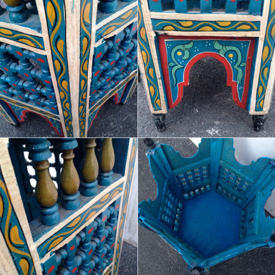 ★Made in Morocco Hand Paint Hexagon Wood Side Table L / モロッコ ハンドペイント 六角形 ウッドサイドテーブルL ブルー