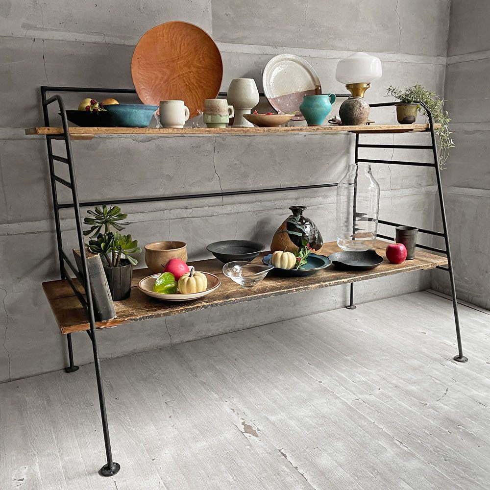 ビンテージ 古材×アイアン ラダーシェルフ オープンラック ディスプレイラック 飾り棚 木味 シャビーシック 古道具 店舗什器 ♪