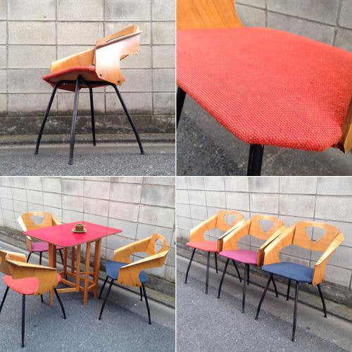 ◎60'S UK or Euro Vintage Teak Plywood × Iron Leg Dining Chair (Orange) ① /チークプライウッド×アイアンレッグ チェア