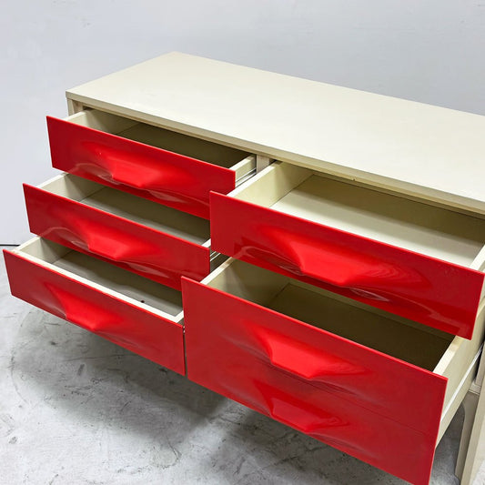 ドゥビンスキー・フレー Dubinsky Freres Raymond Loewy DF2000 5ドロワーズチェスト キャビネット プラスチック ウッドフレーム ホワイト レッド スペースエイジ モダン ミッドセンチュリー ビンテージ 希少 ●