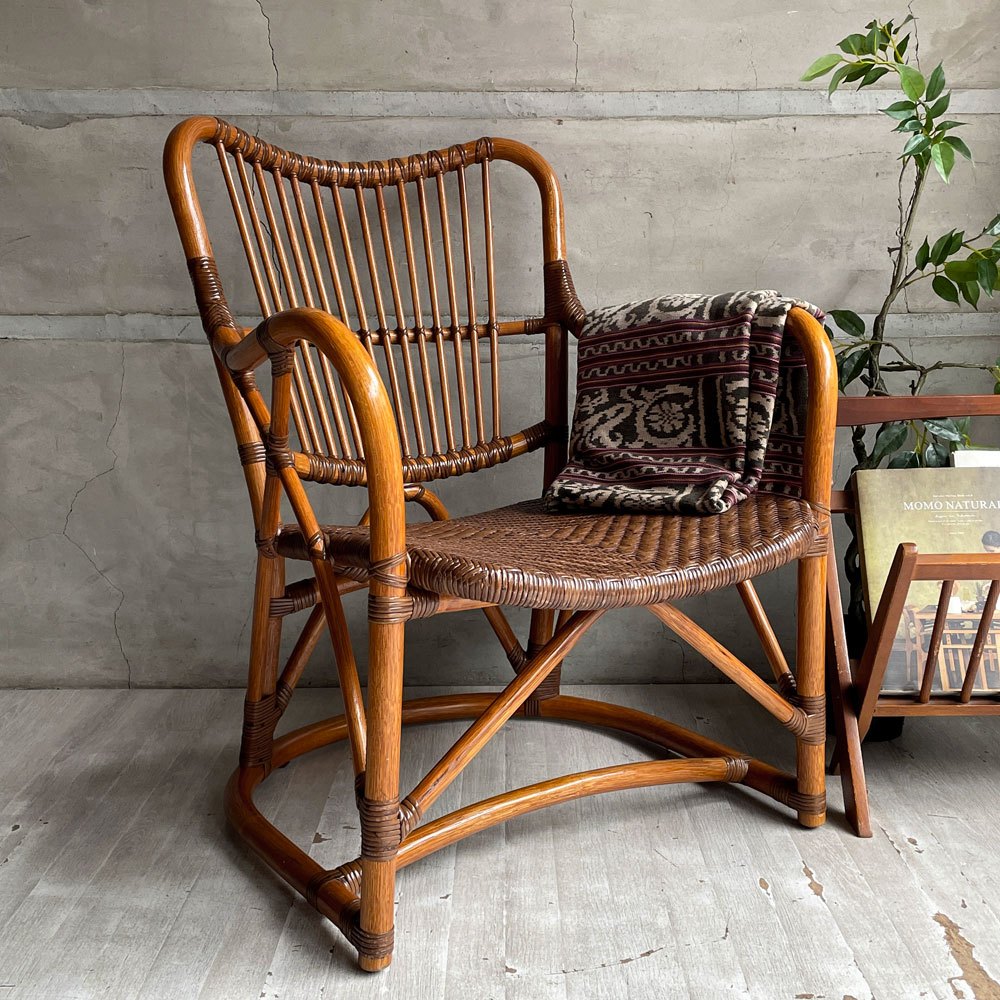 カザマ KAZAMA ラタン アームチェア ラタンチェア ラウンジチェア 籐 曲木 アジアンスタイル 廃番 ♪