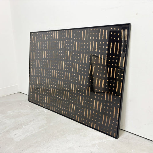 アフリカンファブリック ボロランフィニ 泥染め布 エスニック ボーダー×ドット ブラック×ベージュ 幾何学 パターン 布地 額装品 ポスター 壁掛けインテリア ●