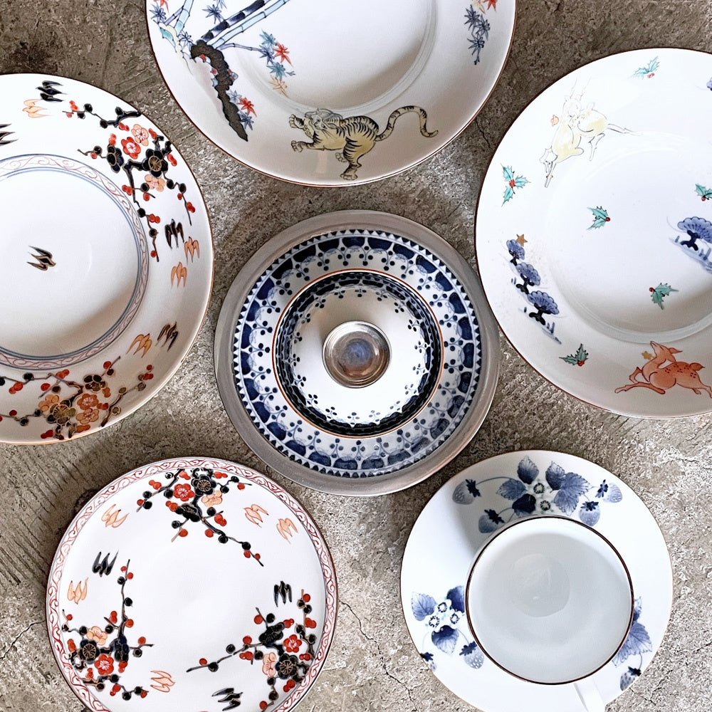 たなかふみえ Tanaka Fumie 染錦 縁付パスタ皿 金彩松鹿 大皿 リム皿21cm 有田焼 現代作家 ■