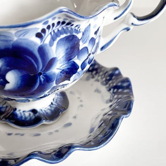 グジェリ陶器 カップ&ソーサー C&S コバルトブルー 藍色 ホワイト ロシア D ■