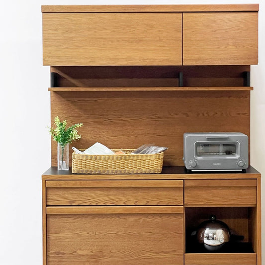 ウニコ unico アッタ ATTA キッチンボード キャビネット オーク材 抽斗5杯 フラップ扉 スライドボード 電源2口 W120cm ●