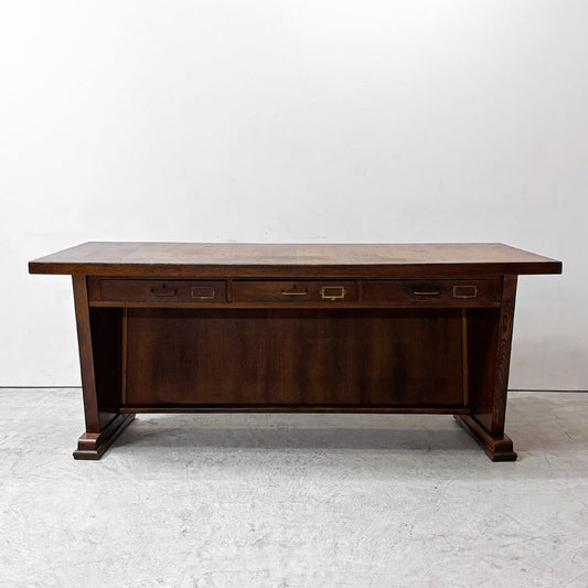 UKビンテージ UK Vintage オーク材 デスク 3ドロワー アーチ形天板 テーブル W197.5cm 英国家具 アンティーク ●